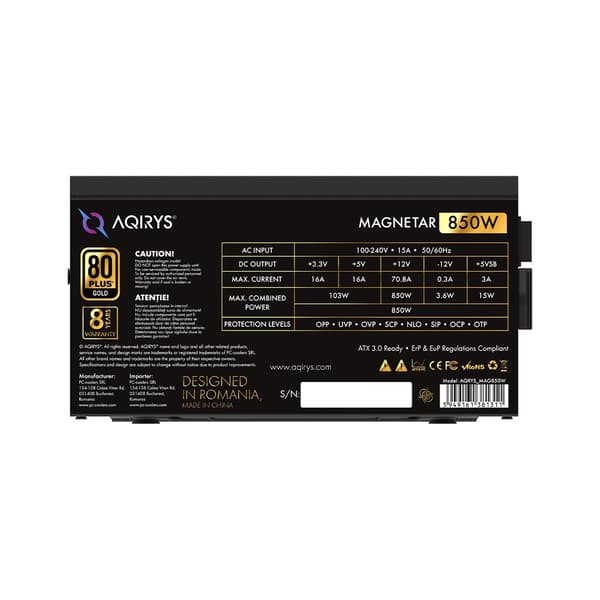 AQIRYS ATX / 80 Plus guldcertificeret strømforsyning MAGNETAR 850W PCIe 5.0 8YW sort