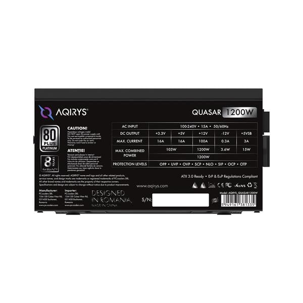 AQIRYS ATX / 80 Plus Platinum-certificeret QUASAR 1200W PCIe 5.0 8YW sort strømforsyning