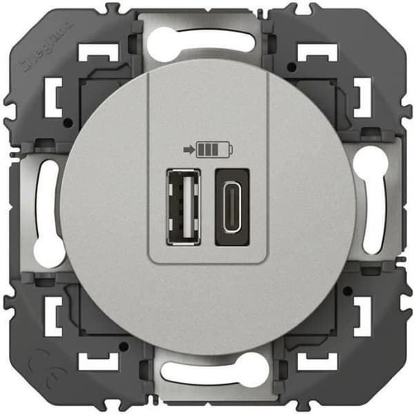 Dubbel laddare - USB 1 Typ A + 1 Typ C 3A Dooxie - Aluminiumfinish - 600449 - Legrand