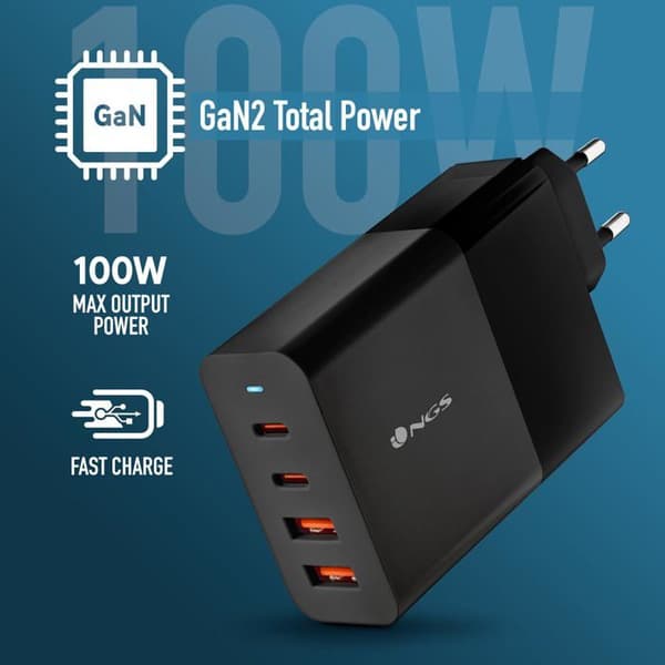 NGS BUD 100W: Universell väggladdare 100W med 4 portar: 2 USB-C + 2 USB-A. Snabb och säker laddning. Samtidig laddning.