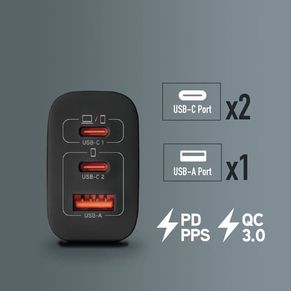 NGS BUD 65W: Universell väggladdare 65W med 3 portar: 2x USB-C + USB-A. Snabbladdning och säker. Samtidig laddning.