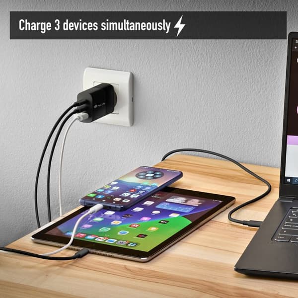 NGS BUD 65W: Universell väggladdare 65W med 3 portar: 2x USB-C + USB-A. Snabbladdning och säker. Samtidig laddning.