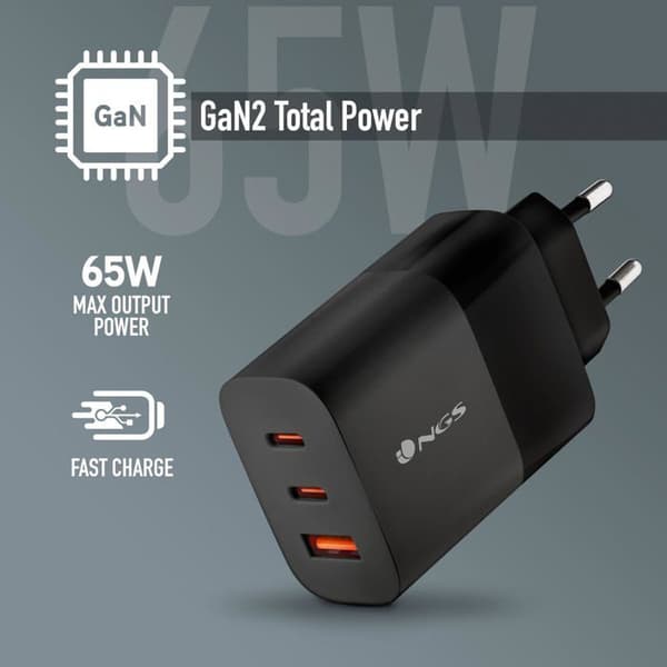 NGS BUD 65W: Universell väggladdare 65W med 3 portar: 2x USB-C + USB-A. Snabbladdning och säker. Samtidig laddning.