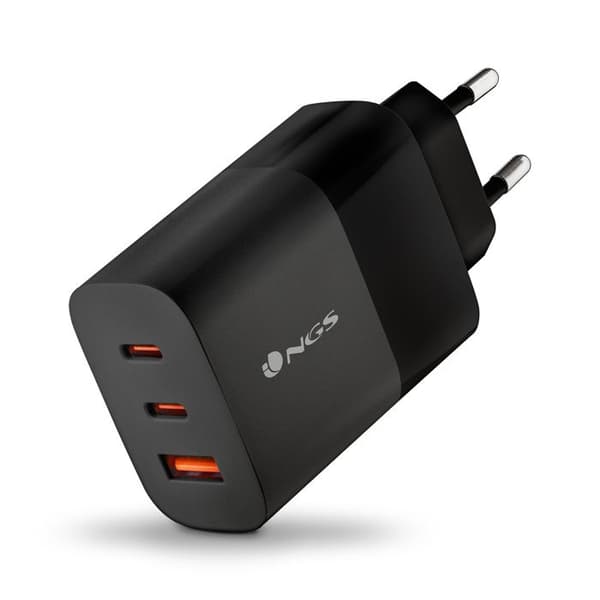 NGS BUD 65W: Universell väggladdare 65W med 3 portar: 2x USB-C + USB-A. Snabbladdning och säker. Samtidig laddning. Svart