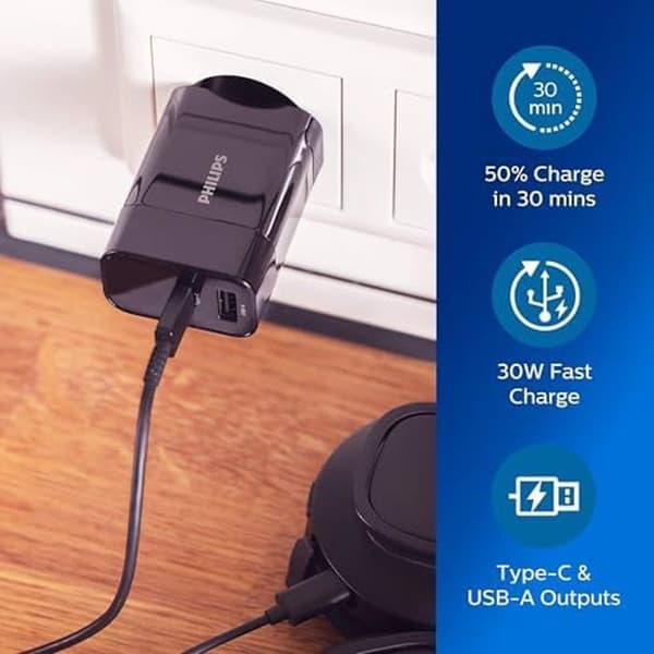 USB Väggladdare - PHILIPS - DLP2621/12 - 2 Portar - Snabbladdning 30 W - Svart