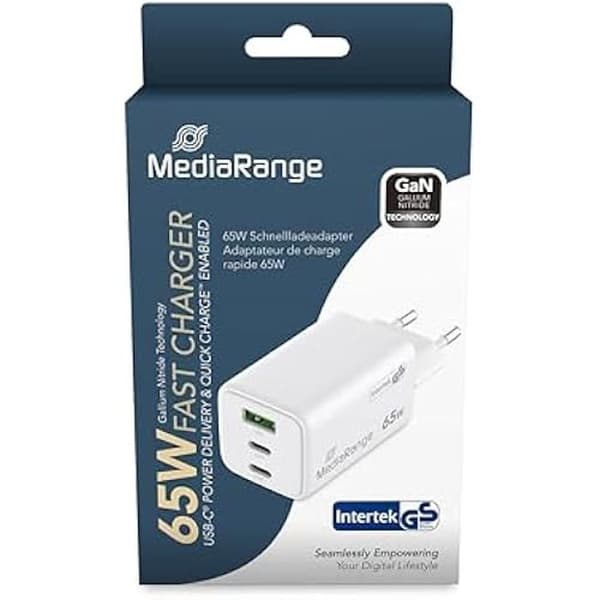 Snabbtillbehör - MEDIARANGE - GaN 65 W - 2 x USB-C - 1 x USB-A - Power Delivery 3.0