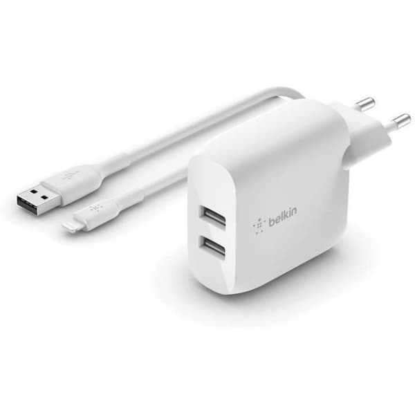 Belkin surfplatta kontakter och laddare 2 USB-A-portar nätladdare, 24W med Lightning-kabel
