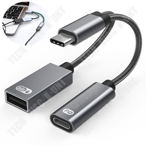 TD® grå två-i-ett multifunktionsadapter 60W snabbladdning Typ-C till USB OTG för att spela spel för iPad