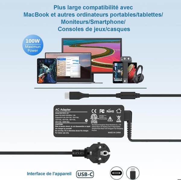 USB C-laddare 100 W - Laddare för USB C-datorer - Kompatibel med Mac Book Pro 16 tum, 2021 Mac Book Air 13 tum, iPad Pro, Dell, HP, ASUS, Lenovo