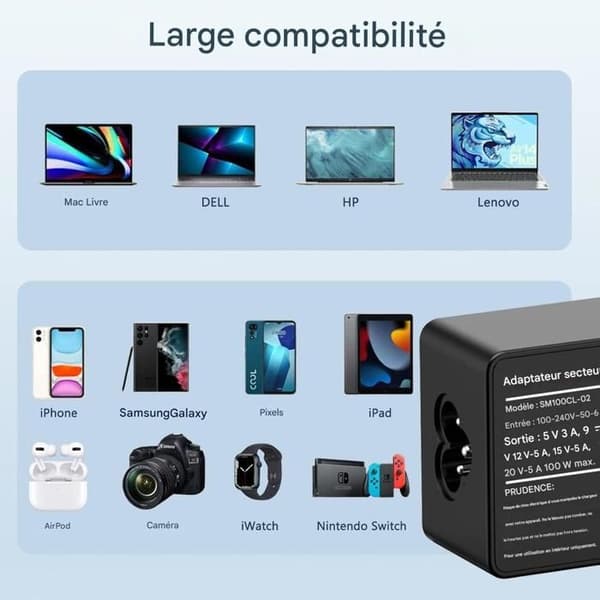 USB C-laddare 100 W - Laddare för USB C-datorer - Kompatibel med Mac Book Pro 16 tum, 2021 Mac Book Air 13 tum, iPad Pro, Dell, HP, ASUS, Lenovo