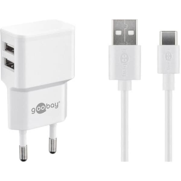 Goobay USB-C™ Dual Ladeset 2.4A 44987 USB-laddare för vägguttag Utström (max.) 2.4 2 x USB 2.0 typ A fe Vit