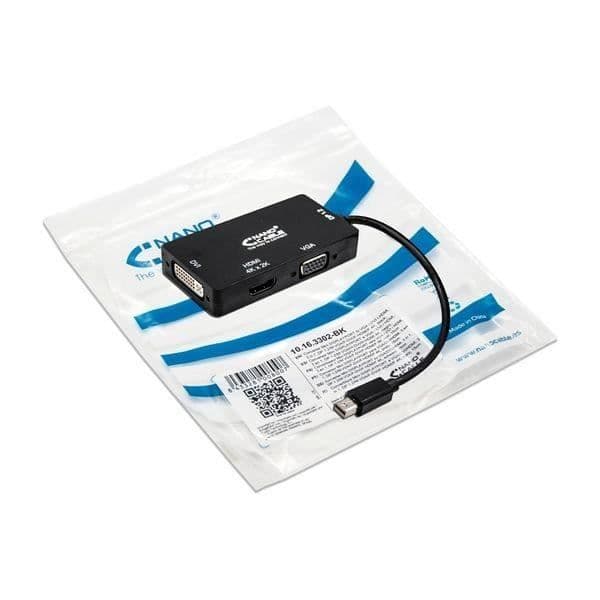 NANOCABLE 10.16.3302-BK Mini DisplayPort till VGA/DVI/HDMI 3-i-1-adapter Svart
