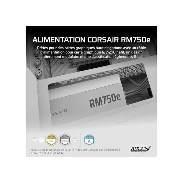 CORSAIR RM750e Vit - 750 Watt - ATX 3.1 - Cybenetics GULD