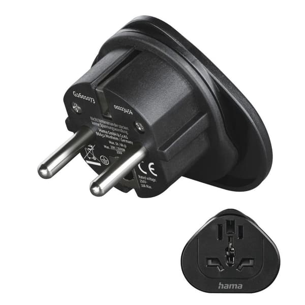 Hama rejseadapter type E og F, 3-benet, universal, verden til Europa, sort (00223454)