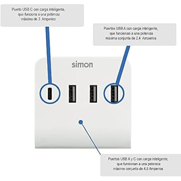 USB-adapter - SIMON - Flera laddare - 4 USB-portar (3 A + 1 C) - 4,8 A - Support för smartphones