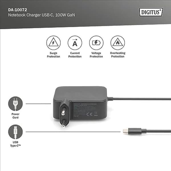 USB-C-laddare för bärbar dator - DIGITUS - 100W GaN - Snabbladdning - Kabel ingår