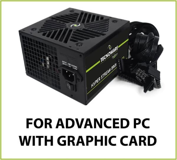 Tecnoware ATX Hyper Stream Bronze 400W strömförsörjning för avancerade datorer med NVIDIA GeForce GTX-RTX, PCI-E, CPU 4+4, SATA, Molex