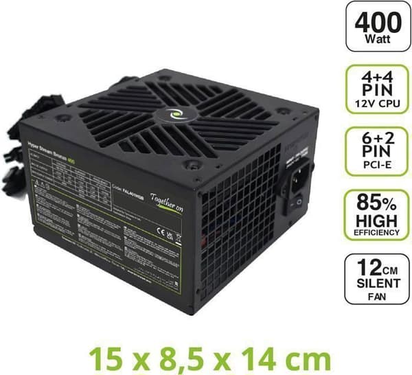 Tecnoware ATX Hyper Stream Bronze 400W strömförsörjning för avancerade datorer med NVIDIA GeForce GTX-RTX, PCI-E, CPU 4+4, SATA, Molex