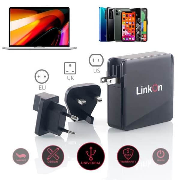 LinkOn Ganius Väggladdare 136W GaN Tech 100W USB-C PD3.0 PPS Och 18W USB-A QC4.0+ Kompatibel med MacBook 2019 Samsung