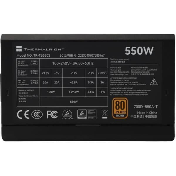 PC strømforsyning - THERMALRIGHT - TB550S - 550W - 80+ Bronze - Ikke-modulær - ATX 3.0 - Sort