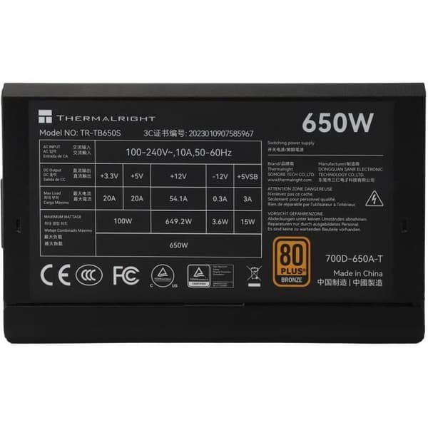 PC strømforsyning - THERMALRIGHT - TB650S - 650W - 80+ Bronze - Ikke-modulær - ATX 3.0 - Sort