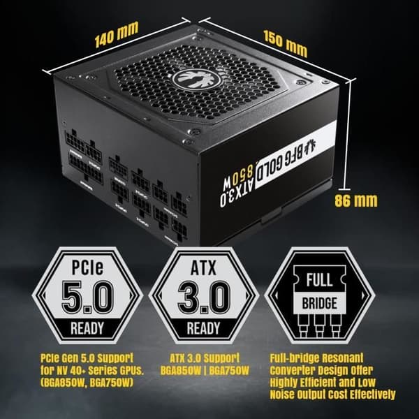 BITFENIX BFG GOLD 850W (80+ Guld) ATX 3.0 - PC strømforsyning - 850W