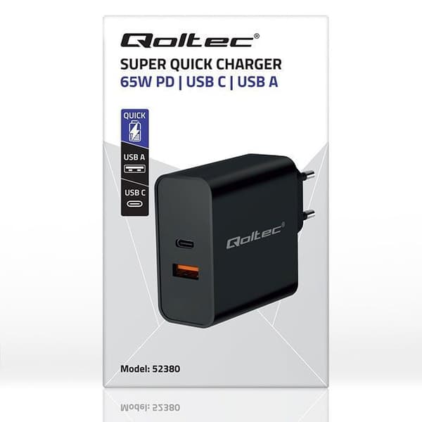 Laddare - Qoltec nätadapter - 52380 - Ultrasnabb PD laddare 1xUSB-C 1xUSB 65W 5-20V 1,5-3,25A Svart