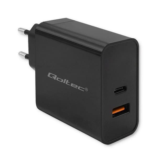 Laddare - Qoltec nätadapter - 52380 - Ultrasnabb PD laddare 1xUSB-C 1xUSB 65W 5-20V 1,5-3,25A Svart