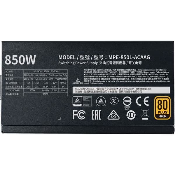 KYLARE MASTER MWE Guld 850W FM V2 -Strömförsörjning 850W 100% modulär (certifierad 80 Plus GOLD 5 års garanti) Flatkablar svart