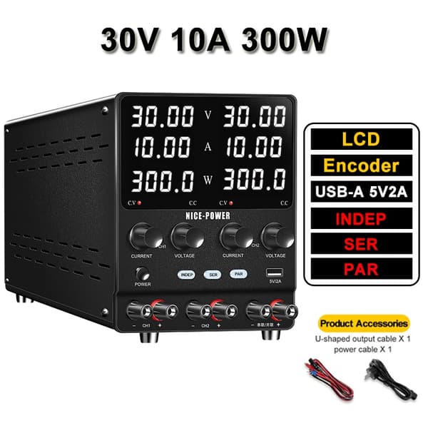 Laboratorio DC-virransyöttö, kaksoiskanavainen ulostulo, USB-A 5V 2A,Kaksinkertainen 30V 10A, AC 220V