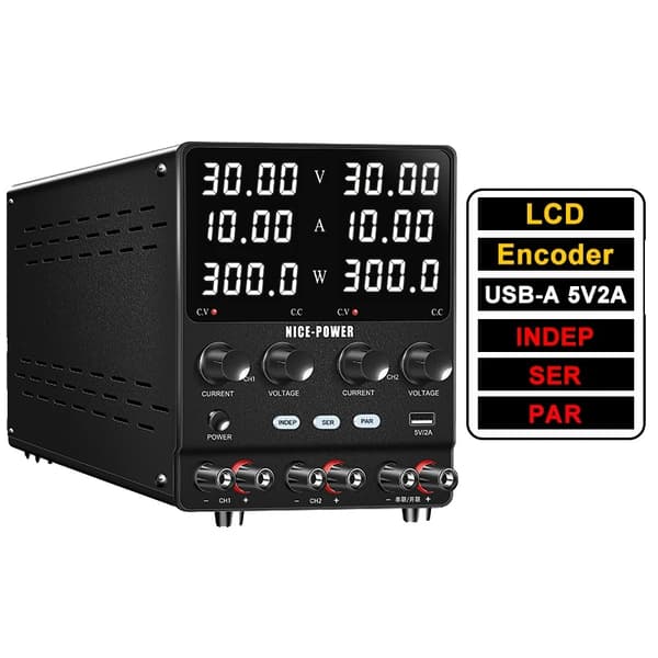 Laboratorio DC-virransyöttö, kaksoiskanavainen ulostulo, USB-A 5V 2A,Kaksinkertainen 30V 10A, AC 220V