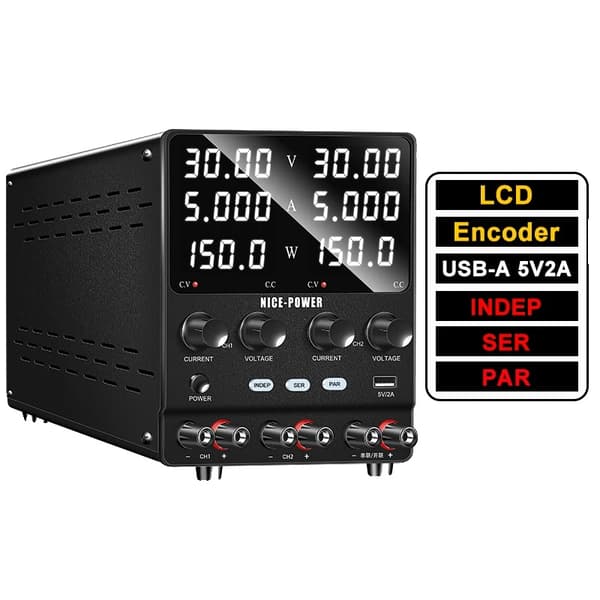 Lab DC Strømforsyning, Dual-Channel Udgivelse, USB-A 5V 2A,AC 220V, Dual 30V 5A