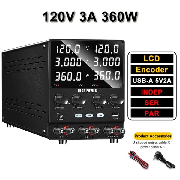 Laboratorio DC-virransyöttö, kaksoiskanavainen ulostulo, USB-A 5V 2A,AC 220V, Kaksinkertainen 120V 3A