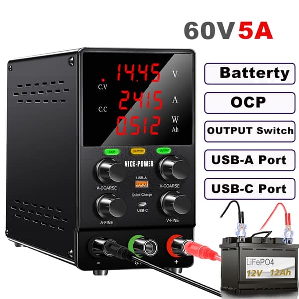 Justerbar DC Strømforsyning, 30V 10A Output, Flere Beskyttelser,AC 220V = Vekselstrøm 220V, Nyeste SætA 60V5A