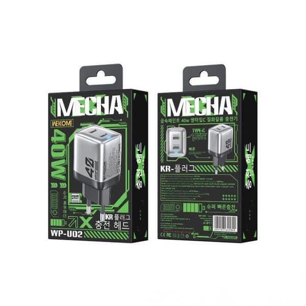 WEKOME WP-U02 Mecha Series - 2x USB-C Super Fast GaN 40W väggladdare (Silver)