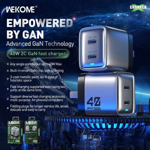 WEKOME WP-U02 Mecha Series - 2x USB-C Super Fast GaN 40W väggladdare (Silver)