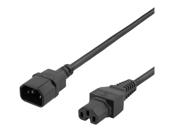 DELTACO - Strømforlengelseskabel - IEC 60320 C15 rett til IEC 60320 C14 rett - 250 V - 10 A - 50 cm - svart