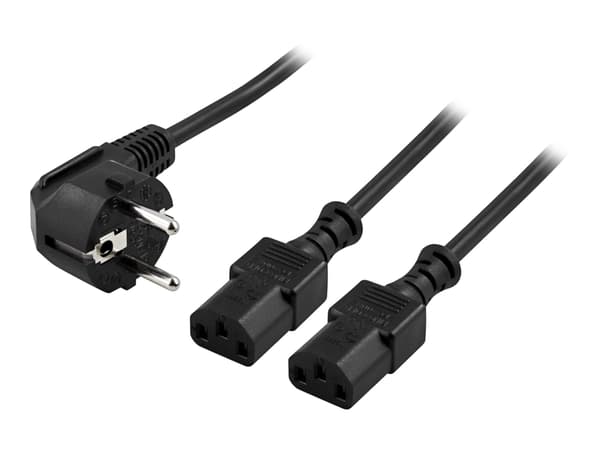 DELTACO DEL-109D - Strömdelare - power CEE 7/7 (hane) vinklad till power IEC 60320 C13 rak - AC 250 V - 10 A - 2 m - svart