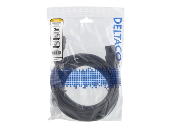 DELTACO - Strømforlengelseskabel - IEC 60320 C15 rett til IEC 60320 C14 rett - 250 V - 10 A - 3 m - svart