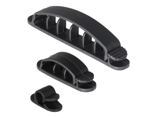 DELTACO adhesive cable clamps in plastic, 1/3/6 slots, 10-pack, black