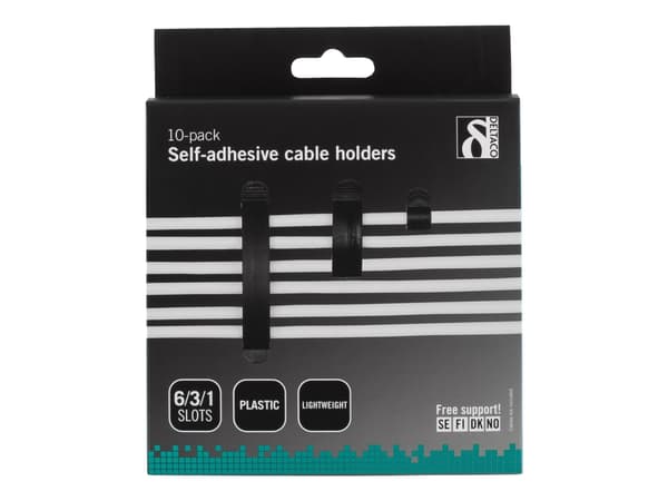 DELTACO adhesive cable clamps in plastic, 1/3/6 slots, 10-pack, black