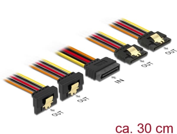 Delock - Strømsplitter - SATA-strøm (P) rett til SATA-strøm (R) vinklet / rett - 3.3 / 5 / 12 V - 30 cm - låst - svart, gul, rød, oransje