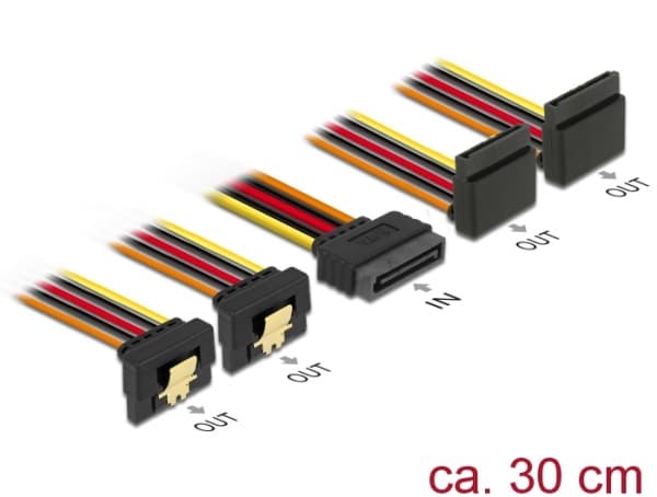 Delock - Strøm-splitter - SATA strøm (P) haspet til SATA strøm (R) metalklemme - 3.3 / 5 / 12 V - 30 cm - sort, gul, rød, orange