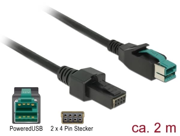 Delock - Strømforsynt USB-kabel - USB PlusPower (12 V) (hann) til 8-stifts (2x4) PoweredUSB Remote Side (hann) - 12 V - 2 m - svart