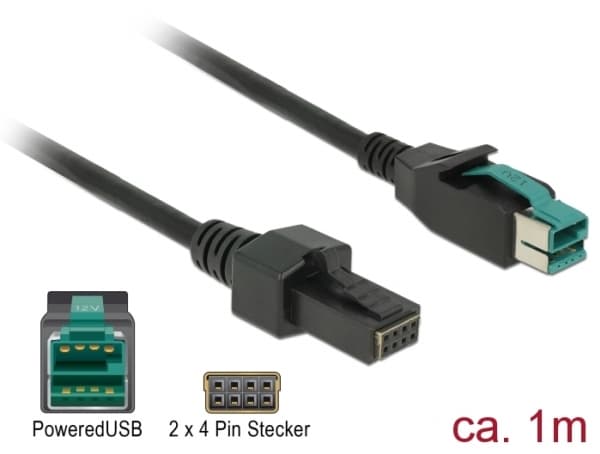 Delock - Strømforsynt USB-kabel - USB PlusPower (12 V) (hann) til 8-stifts (2x4) PoweredUSB Remote Side (hann) - 12 V - 1 m - svart