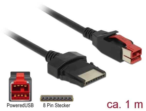 Delock - USB-kabel med egen strömförsörjning - USB PlusPower (24 V) (hane) till 8 stifts (1x8) PoweredUSB-fjärrsida (hane) - 24 V - 1 m - svart