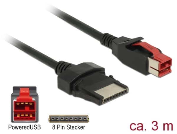 Delock - Strømforsynt USB-kabel - USB PlusPower (24 V) (hann) til 8-pins (1x8) PoweredUSB Remote Side (hann) - 24 V - 3 m - svart