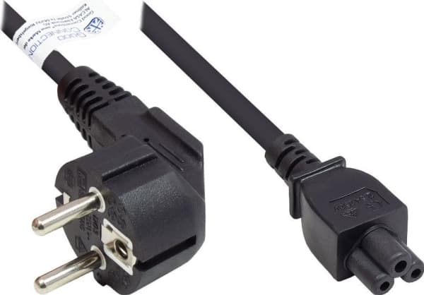 Strømkabel beskyttende kontaktplugg type E+F (CEE 7/7, vinklet) til C5 (rett) for bærbar PC, svart, 0,75 mm², 1,8 m, Good Connections® (P0105-S018)