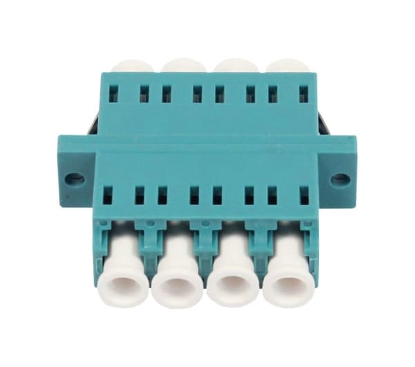Fiberoptisk koppling,LC-sockel/LC-sockel, 50/125u multimode OM3, aqua, Quad, PVC, med fläns, Synergy 21,