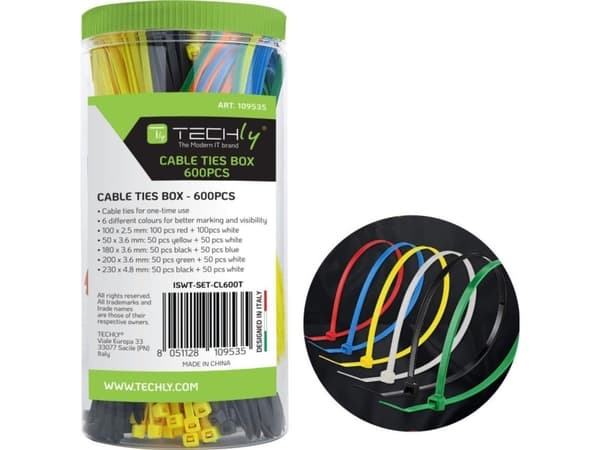 Techly ISWT-SET-CL600T, Buntband med dubbla låshuvuden, Nylon, Multifärg, 250 mm, 255 mm, 43 mm